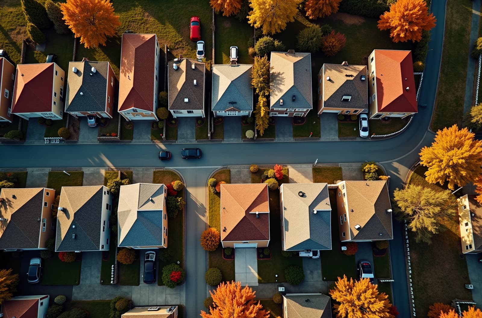 Southern NH neighborhood aerial in autumn