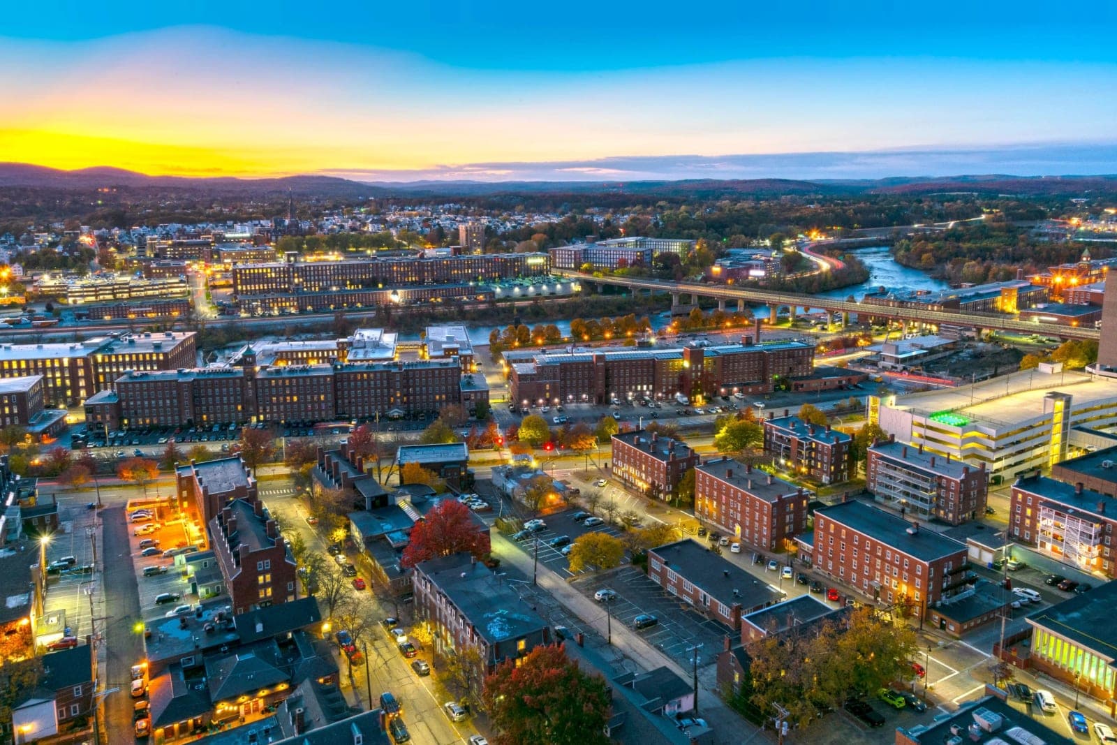 Downtown Manchester, New Hampshire at dusk